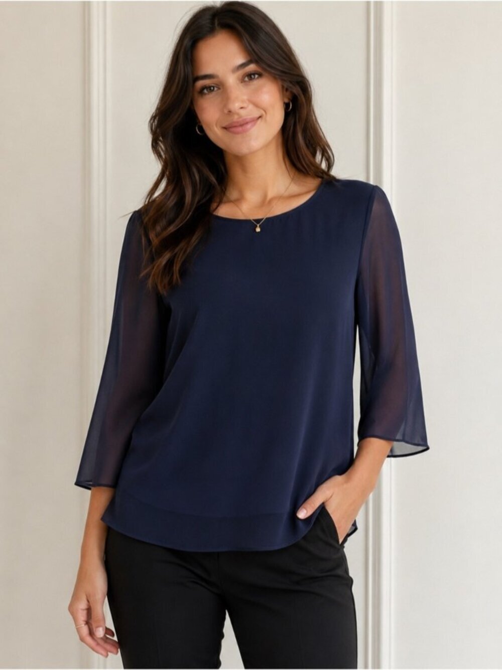 Zara XS Layered Chiffon Sheer Navy Blue Blouse Top